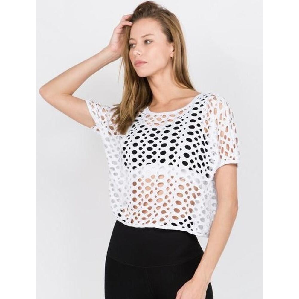 Hole Detail Short Sleeve Crop Top-White, Black